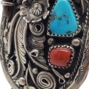 Navajo Sterling Silver Bolo Tie Turquoise Coral Native Verdy Jake Southwestern